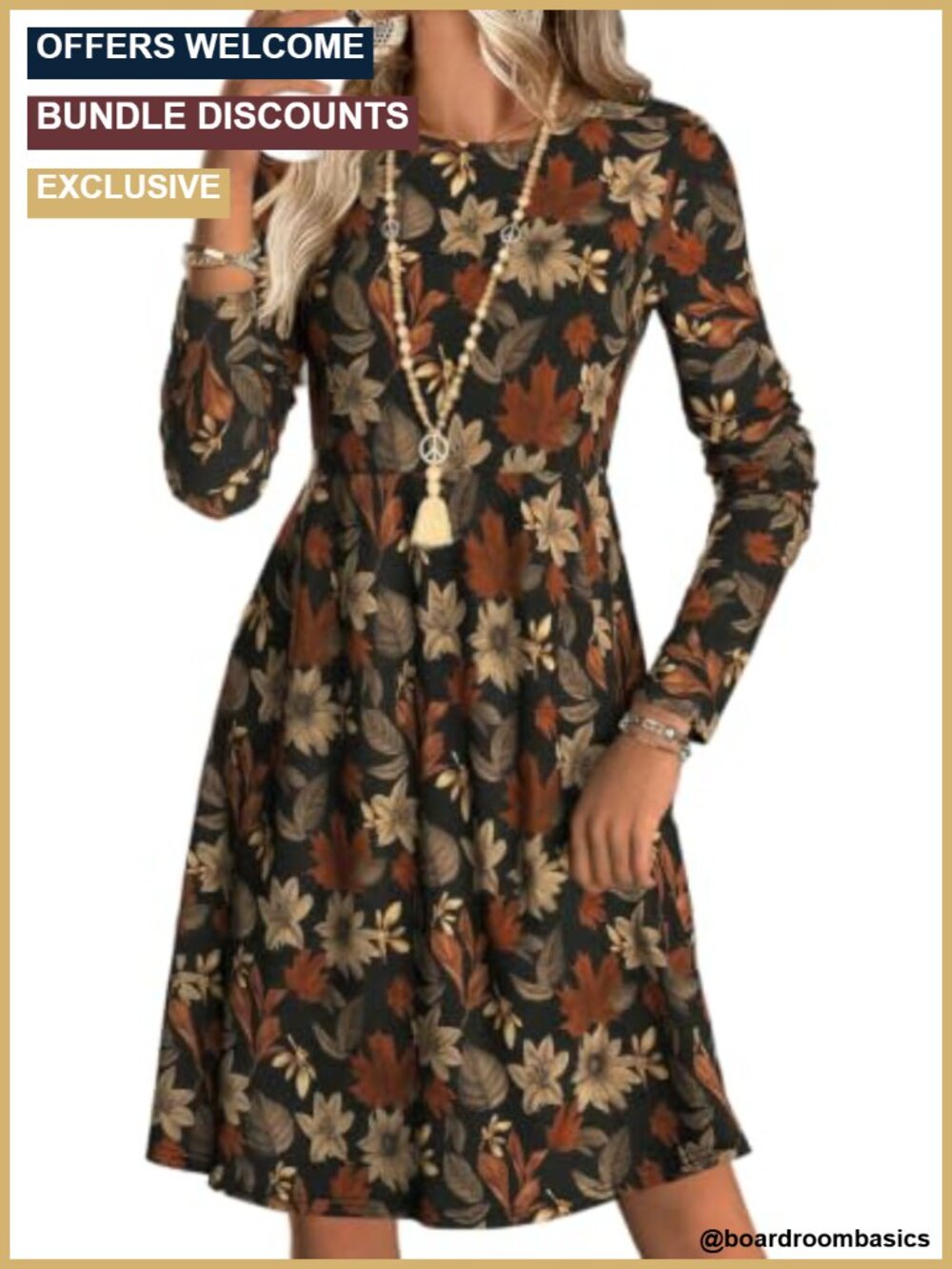 Leaf Floral Long Sleeve A Line Midi Dress Crew Neck Fall